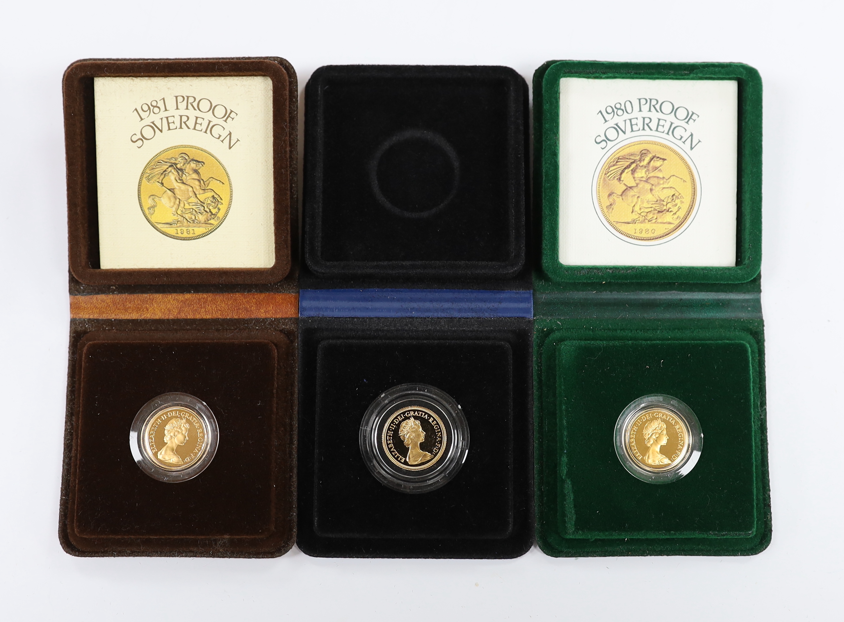 British gold coins, three Elizabeth II Royal Mint UK gold proof sovereigns, 1979, 1980 and 1981, cased